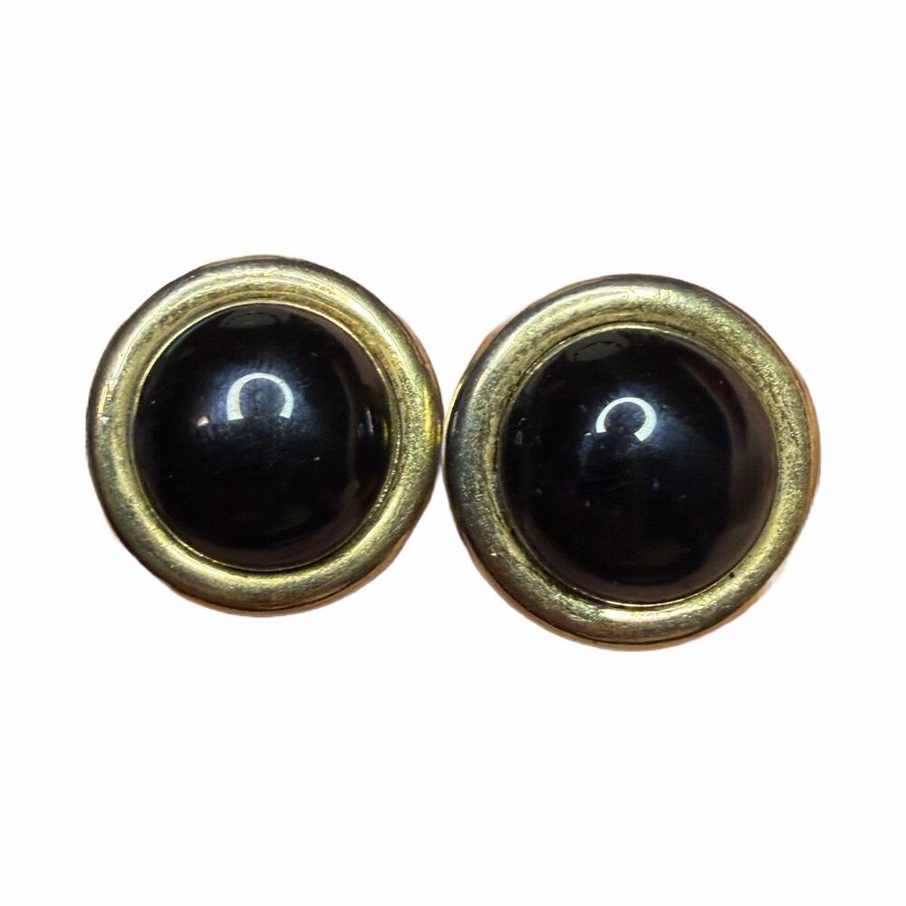 David Grau Round Black Glass? Cabochon Clip On Earrings Gold Tone